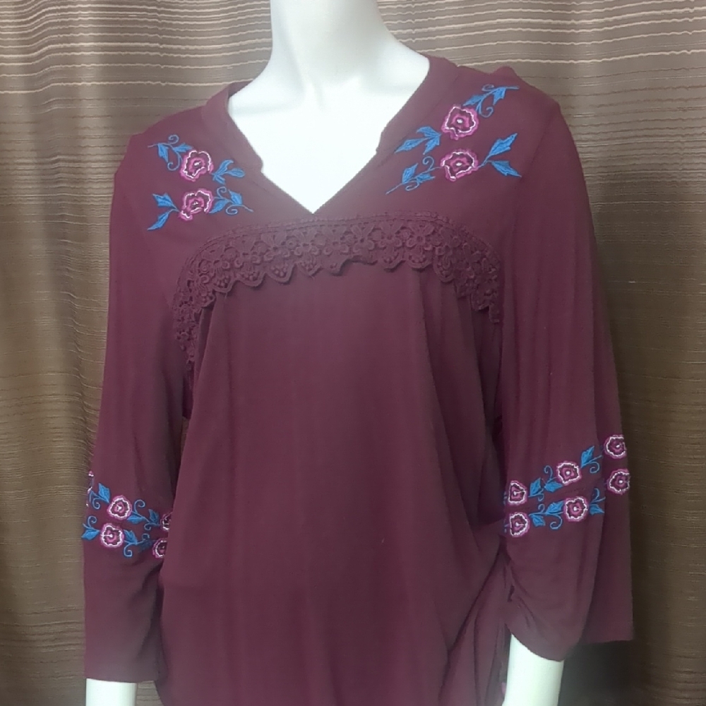 Hannah Burgundy Embroidered V-Neck Tunic